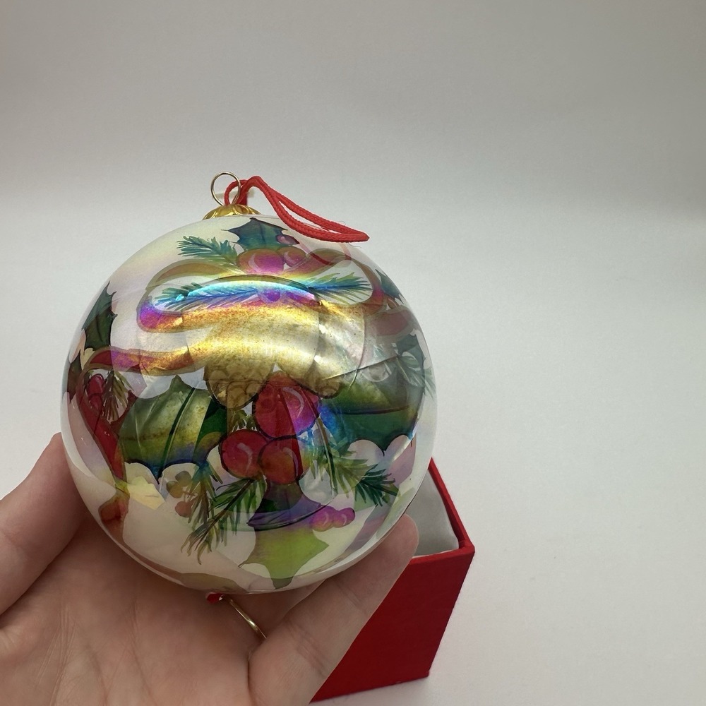 Christmas Ornament Blown Glass Inside Painted Decorated Mistletoe  4"